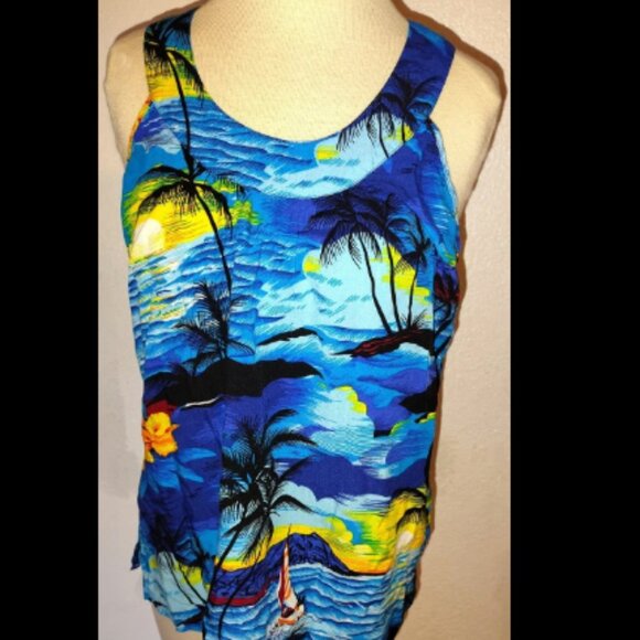 Hawaii Hangover Women’s Tank Colorful Palm Trees Sunsets Size Medium 100% Rayon - Picture 1 of 5